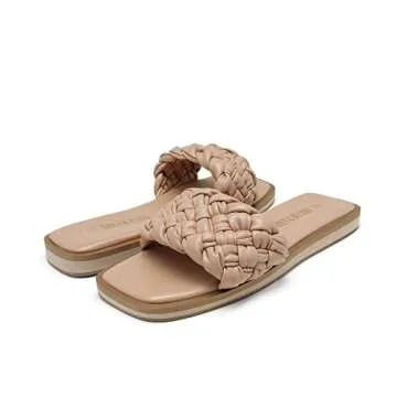 DREAM PAIRS Women's Square Open Toe Slide Sandals Cute Slip on Braided Strap Rhinestone Flat Sandals for Summer,Size 9,NUDE/WEAVE,SDSS2212W