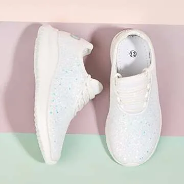 K KIP WOK Toddler Girls Glitter Sneakers Sparkle Slip On Walking Shoes for Kids/Children Breathable Running Sneakers(White2,Little Kids 13)