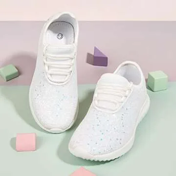 K KIP WOK Toddler Girls Glitter Sneakers Sparkle Slip On Walking Shoes for Kids/Children Breathable Running Sneakers(White2,Little Kids 13)