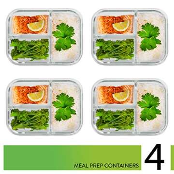 PrepNaturals 4 Pack 34 Oz Glass Meal Prep Containers - Dishwasher Microwave Freezer Oven Safe - Glas...