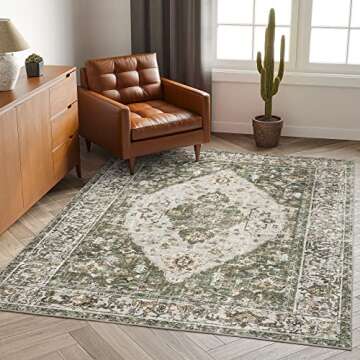 Valenrug Washable Rug 6x9 - Ultra-Thin Antique Collection Area Rug, Stain Resistant Rugs for Living Room Bedroom, Distressed Vintage Rug(TPR26-Green, 6'x9')