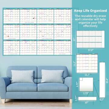 Large Dry Erase Calendar for Wall - Dry Erase Calendar for Wall, Undated 12 Month Calendar, 37" x 58", Erasable Reusable Calendar, 15 Round Stickers