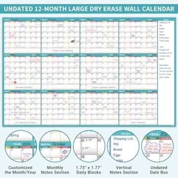 Large Dry Erase Calendar for Wall - Dry Erase Calendar for Wall, Undated 12 Month Calendar, 37" x 58", Erasable Reusable Calendar, 15 Round Stickers
