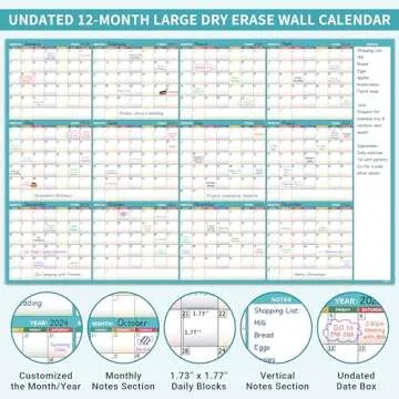 Large Dry Erase Calendar for Wall - Dry Erase Calendar for Wall, Undated 12 Month Calendar, 37" x 58", Erasable Reusable Calendar, 15 Round Stickers