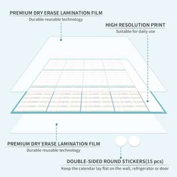Large Dry Erase Calendar for Wall - Dry Erase Calendar for Wall, Undated 12 Month Calendar, 37" x 58", Erasable Reusable Calendar, 15 Round Stickers