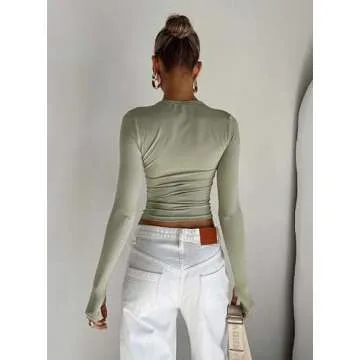 ROAONOCOMO Sexy Slim Fit Long Sleeve Tops for Women Round Neck Skinny Crop Shirts Basic Pullover Blouse Streetwear Y2K
