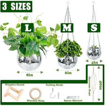 Disco Ball Planter 8", Creative Mirror Ball Flower Pot Holder for Hanging Plant with Chain, Macrame Rope, Wooden Stand, Cute Plant Hanger for Indoor Outdoor Window Home Valentines Day Decorations