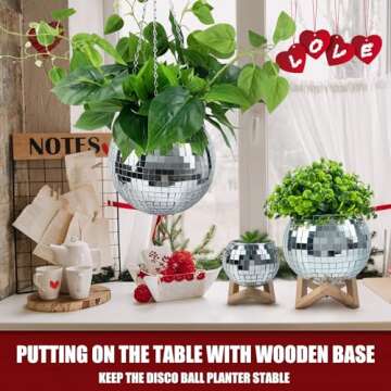 Disco Ball Planter 8", Creative Mirror Ball Flower Pot Holder for Hanging Plant with Chain, Macrame Rope, Wooden Stand, Cute Plant Hanger for Indoor Outdoor Window Home Valentines Day Decorations