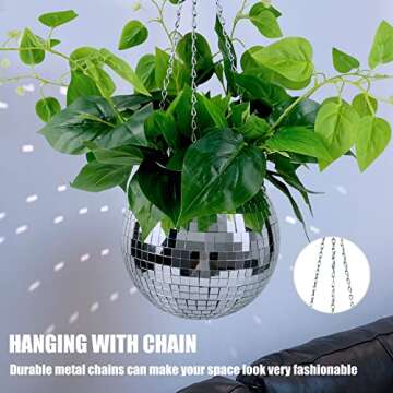 Disco Ball Planter 8", Creative Mirror Ball Flower Pot Holder for Hanging Plant with Chain, Macrame Rope, Wooden Stand, Cute Plant Hanger for Indoor Outdoor Window Home Valentines Day Decorations