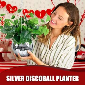Disco Ball Planter 8", Creative Mirror Ball Flower Pot Holder for Hanging Plant with Chain, Macrame Rope, Wooden Stand, Cute Plant Hanger for Indoor Outdoor Window Home Valentines Day Decorations