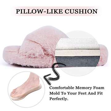 DL Fluffy Womens House Slippers Cross Band Open Toe, Soft Plush Fleece Bedroom Slippers Women Memory Foam, Comfy Fuzzy Slip On Non-Slip Womens Slippers Indoor Pink Gray Black White