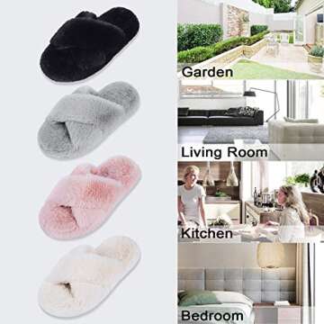 DL Fluffy Womens House Slippers Cross Band Open Toe, Soft Plush Fleece Bedroom Slippers Women Memory Foam, Comfy Fuzzy Slip On Non-Slip Womens Slippers Indoor Pink Gray Black White