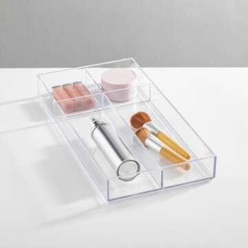 mDesign Plastic Divided Makeup Organizer Holder Tray for Bathroom Drawer, Vanity, Countertop Storage - Cosmetic Organization Holds Palettes, Brushes, Accessories - Lumiere Collection - Clear