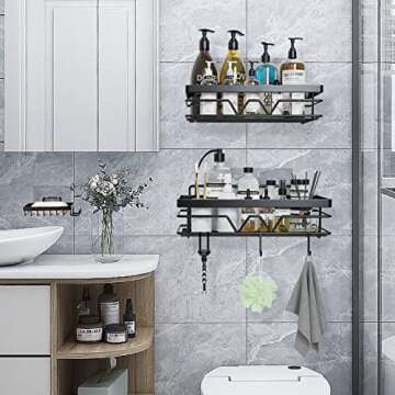 DBDEIW Shower Caddy Shelf Bathroom Organizer: 3 Pack Shower Organizer Storage Shelves - Basket Rack with Soap Holders Adhesive 4 Hooks for Inside Bathroom Wall Corner