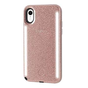 LuMee Duo Phone Case, Rose Glitter | Front & Back LED Lighting, Variable Dimmer | Shock Absorption, Bumper Case, Selfie Phone Case | iPhone XR Only