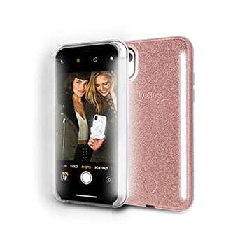 LuMee Duo Phone Case, Rose Glitter | Front & Back LED Lighting, Variable Dimmer | Shock Absorption, Bumper Case, Selfie Phone Case | iPhone XR Only