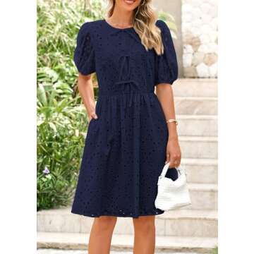 KIRUNDO Womens Summer Dresses 2025 Short Puff Sleeve Tie Front Eyelet Hollow Out A Line Wedding Guest Beach Sundress(Navy, Small)