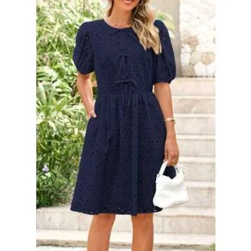 KIRUNDO Womens Summer Dresses 2025 Short Puff Sleeve Tie Front Eyelet Hollow Out A Line Wedding Guest Beach Sundress(Navy, Small)