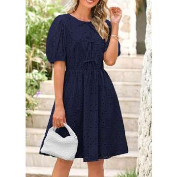 KIRUNDO Womens Summer Dresses 2025 Short Puff Sleeve Tie Front Eyelet Hollow Out A Line Wedding Guest Beach Sundress(Navy, Small)
