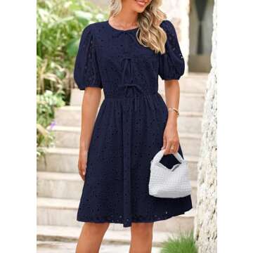 KIRUNDO Womens Summer Dresses 2025 Short Puff Sleeve Tie Front Eyelet Hollow Out A Line Wedding Guest Beach Sundress(Navy, Small)