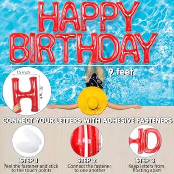 Shappy 20'' Happy Birthday Pool Large Floating Letter Balloons with Adhesive Dots Inflatable Pool Decorations for Summer Birthday Party(Red)