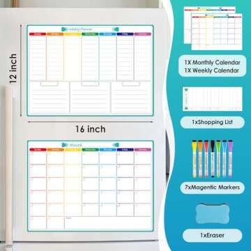 MaxGear Magnetic Calendar for Refrigerator, 16x12 Monthly and Weekly Dry Erase Fridge Whiteboard, Menu Schedule Planner Board, to-Do List, Notepad with 7 Markers,1 Eraser, and 1 Shopping List