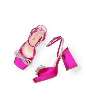 DREAM PAIRS Women's Double Bowknots Platform Chunky Heels Rhinestone High Square Toe Dress Sandals for Wedding Bridal Party,Size 9,HOT PINK-SATIN,SDHS2453W