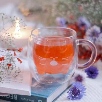 Purple Cat Mug Cute Mugs Glass Double Wall Insulated Glass Espresso Cup, Kawaii Cup, Coffee Cup, Tea Cup, Milk Cup, Best gift for Office and Personal Birthday Christmas (Purple Cat)