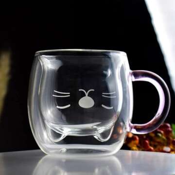 Purple Cat Mug Cute Mugs Glass Double Wall Insulated Glass Espresso Cup, Kawaii Cup, Coffee Cup, Tea Cup, Milk Cup, Best gift for Office and Personal Birthday Christmas (Purple Cat)
