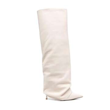 Goolita Women's Stiletto Heel Knee High Boots Pointed Toe Slip On Fold Over Boots For Women Sewing Leather Comfy Dress Boots