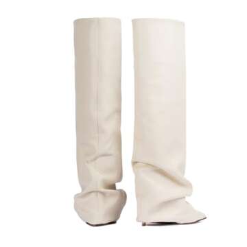 Goolita Women's Stiletto Heel Knee High Boots Pointed Toe Slip On Fold Over Boots For Women Sewing Leather Comfy Dress Boots