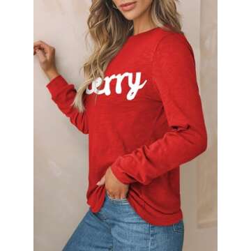 EVALESS Womens Fashion 2025 Spring Summer Tops Christmas Outfits Crewneck Long Sleeve Tops Shirts Loose Fit Basic T Shirts Tee Blouses Red Medium