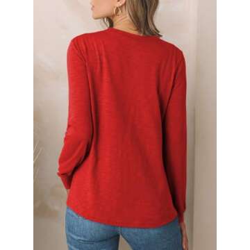 EVALESS Womens Fashion 2025 Spring Summer Tops Christmas Outfits Crewneck Long Sleeve Tops Shirts Loose Fit Basic T Shirts Tee Blouses Red Medium