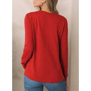 EVALESS Womens Fashion 2025 Spring Summer Tops Christmas Outfits Crewneck Long Sleeve Tops Shirts Loose Fit Basic T Shirts Tee Blouses Red Medium