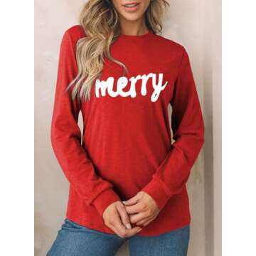 EVALESS Womens Fashion 2025 Spring Summer Tops Christmas Outfits Crewneck Long Sleeve Tops Shirts Loose Fit Basic T Shirts Tee Blouses Red Medium