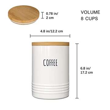 Karisky Kitchen Canister Jars with Airtight Bamboo Lids, Metal Farmhouse Decorative Coffee Sugar Tea Storage Containers for Kitchen Counter, Set of 3, 7 x 5 Inch, White