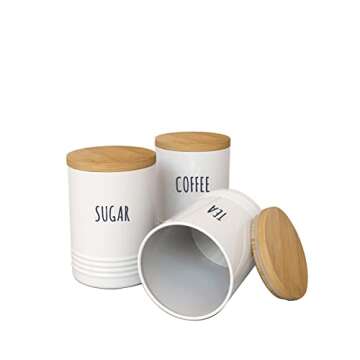 Karisky Kitchen Canister Jars with Airtight Bamboo Lids, Metal Farmhouse Decorative Coffee Sugar Tea Storage Containers for Kitchen Counter, Set of 3, 7 x 5 Inch, White