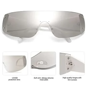 Allarallvr Y2K Sunglasses For Women Men 2000S Retro Fashion Rimless Wrap Around Trendy Sun Glasses AR82141(White,Sliver)