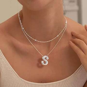 PANSHI Silver Necklace Initial Necklaces for Women Teens Layered Choker Bubble Letter Necklace Silver Jewelry Teen Gift Trendy Stuff Personalized Gifts for Women Her K