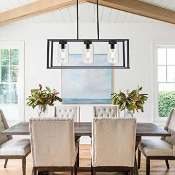 VINLUZ Contemporary Chandeliers Black 3 Light Modern Dining Room Lighting Fixtures Hanging, Kitchen Island Cage Linear Pendant Lights Farmhouse Flush Mount Ceiling Light with Glass Shade
