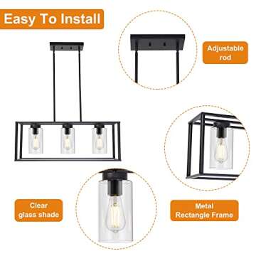 VINLUZ Contemporary Chandeliers Black 3 Light Modern Dining Room Lighting Fixtures Hanging, Kitchen Island Cage Linear Pendant Lights Farmhouse Flush Mount Ceiling Light with Glass Shade