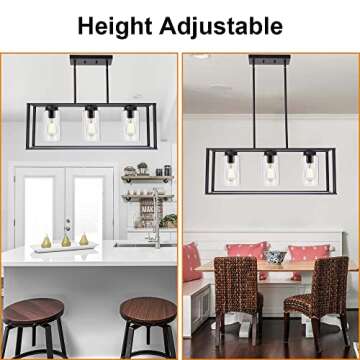 VINLUZ Contemporary Chandeliers Black 3 Light Modern Dining Room Lighting Fixtures Hanging, Kitchen Island Cage Linear Pendant Lights Farmhouse Flush Mount Ceiling Light with Glass Shade