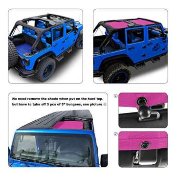 Shadeidea JK Sun Shade Top Compatible with Jeep Wrangler JKU Top Sunshade Soft Mesh Roof Cover (2007-2018)- Wind Noise UV Blocker -10 Year Warranty -4 Door -Pink -Front&Rear (2 pcs)