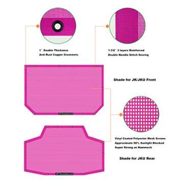 Shadeidea JK Sun Shade Top Compatible with Jeep Wrangler JKU Top Sunshade Soft Mesh Roof Cover (2007-2018)- Wind Noise UV Blocker -10 Year Warranty -4 Door -Pink -Front&Rear (2 pcs)