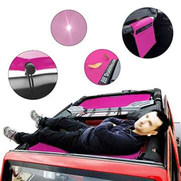 Shadeidea JK Sun Shade Top Compatible with Jeep Wrangler JKU Top Sunshade Soft Mesh Roof Cover (2007-2018)- Wind Noise UV Blocker -10 Year Warranty -4 Door -Pink -Front&Rear (2 pcs)