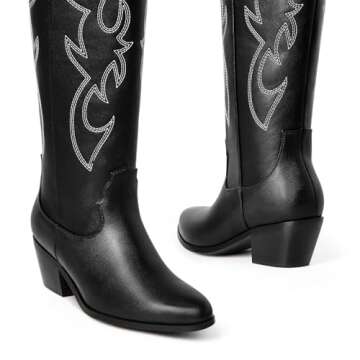 Cowboy Boots for Women Knee High Wide Calf Cowgirl Boots Embroidered Chunky Heels Pointed Toe Long T...