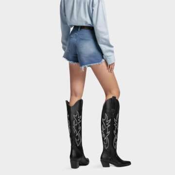 Cowboy Boots for Women Knee High Wide Calf Cowgirl Boots Embroidered Chunky Heels Pointed Toe Long Tall Western Boot Pull On (Black, Size 10)