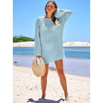 Prinbara Crochet Cover Up for Women - Sexy Summer Beach Dress 2025 - Sky Blue XL