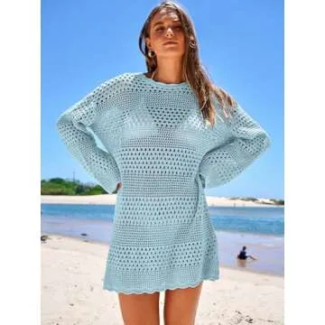 Prinbara Summer Crochet Cover Up Mini Dress Sky Blue