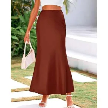 BTFBM Womens Summer Fall Skirt 2025 Silk Elegant High Waist Cocktail Party Wedding Mermaid Satin Maxi Skirts(Solid Brown, X-Large)